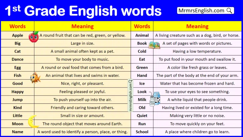 1st Grade Vocabulary Words with meaning in English with PDF